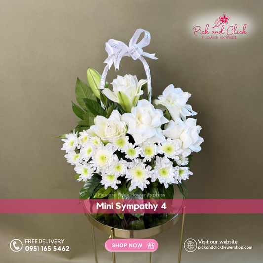 Mini funeral arrangement with white roses, white stargazers, radus, and rosal – Metro Manila flower shop