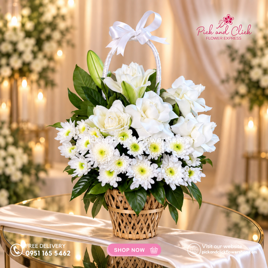 Mini Sympathy 4 featuring a mini funeral arrangement with white roses, white stargazers, radus, rosal, a simple yet elegant sympathy floral design for respectful tributes and memorial services in the Philippines.