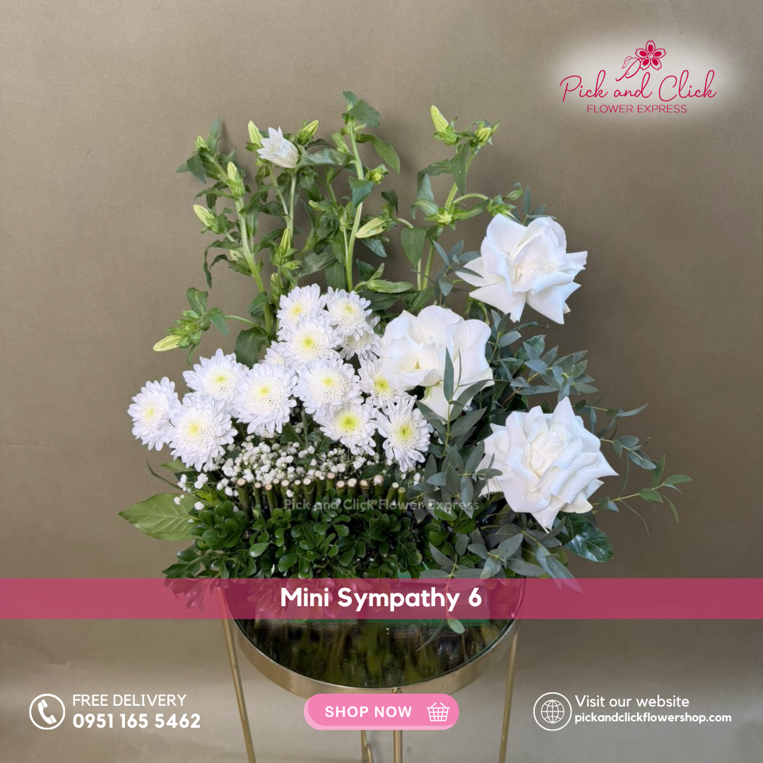 Mini Sympathy 6 featuring a mini funeral arrangement with white roses, radus, white campanula, a simple yet elegant sympathy floral design for respectful tributes and memorial services in the Philippines.