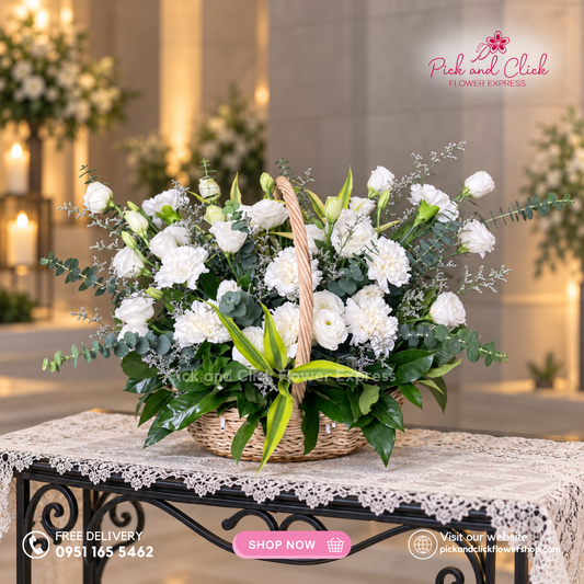 Mini Sympathy 7 featuring a mini funeral arrangement with white roses, white carnation, white lisianthus, misty blue, and rosal, a simple yet elegant sympathy floral design for respectful tributes and memorial services in the Philippines.