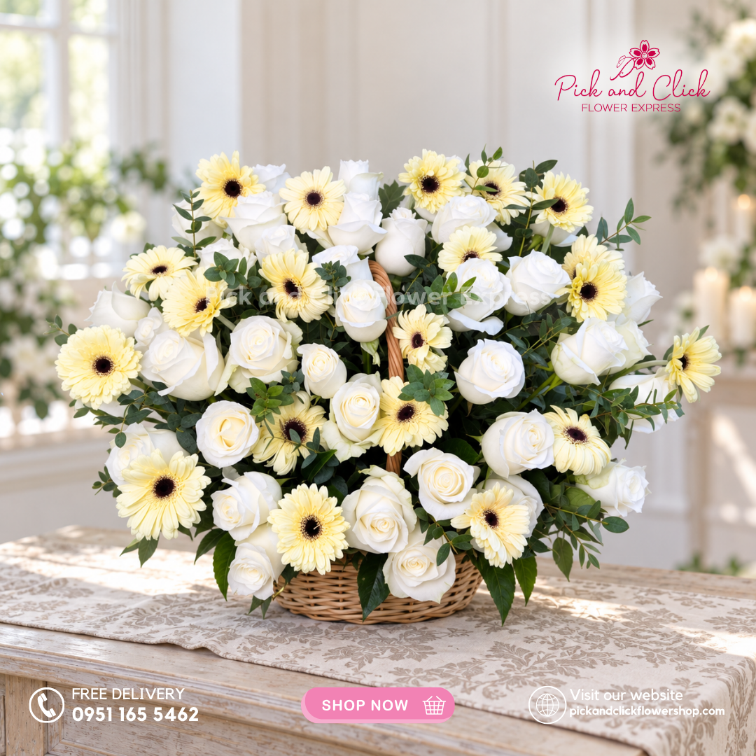 Mini Sympathy 9 mini funeral arrangement featuring imported white roses, white gerberas, and parvi leaves with same-day delivery in the Philippines.