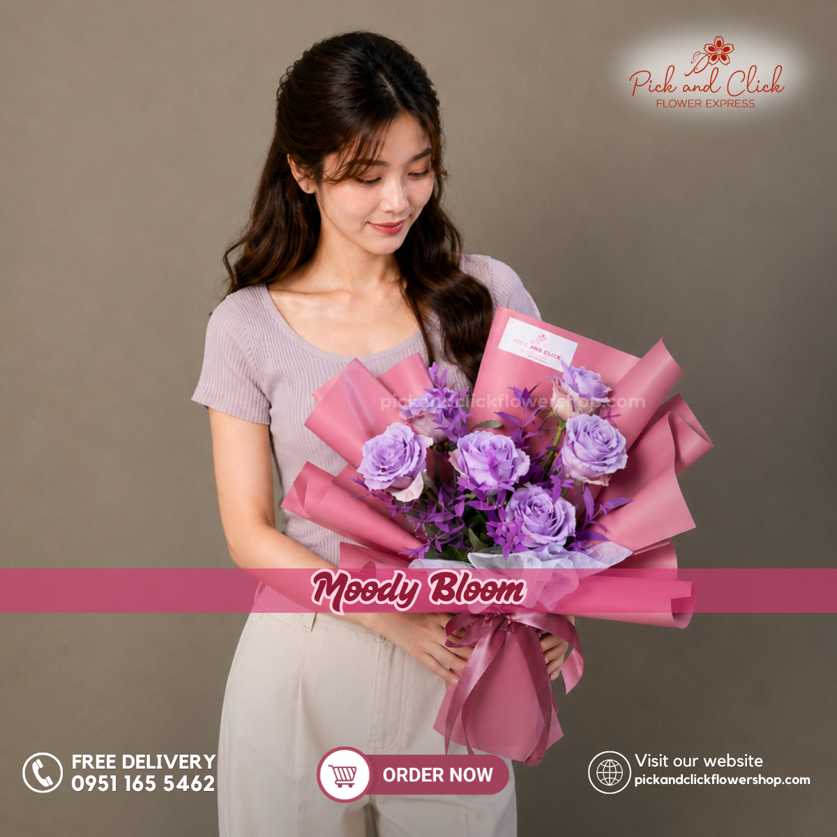 Moody Bloom Bouquet featuring 6 Moody Blue roses accented with fresh parvi leaves, arranged in an elegant floral design with deep blue blooms and fresh green accents, a bold and sophisticated bouquet perfect for birthdays, anniversaries, celebrations, and special occasions in the Philippines.