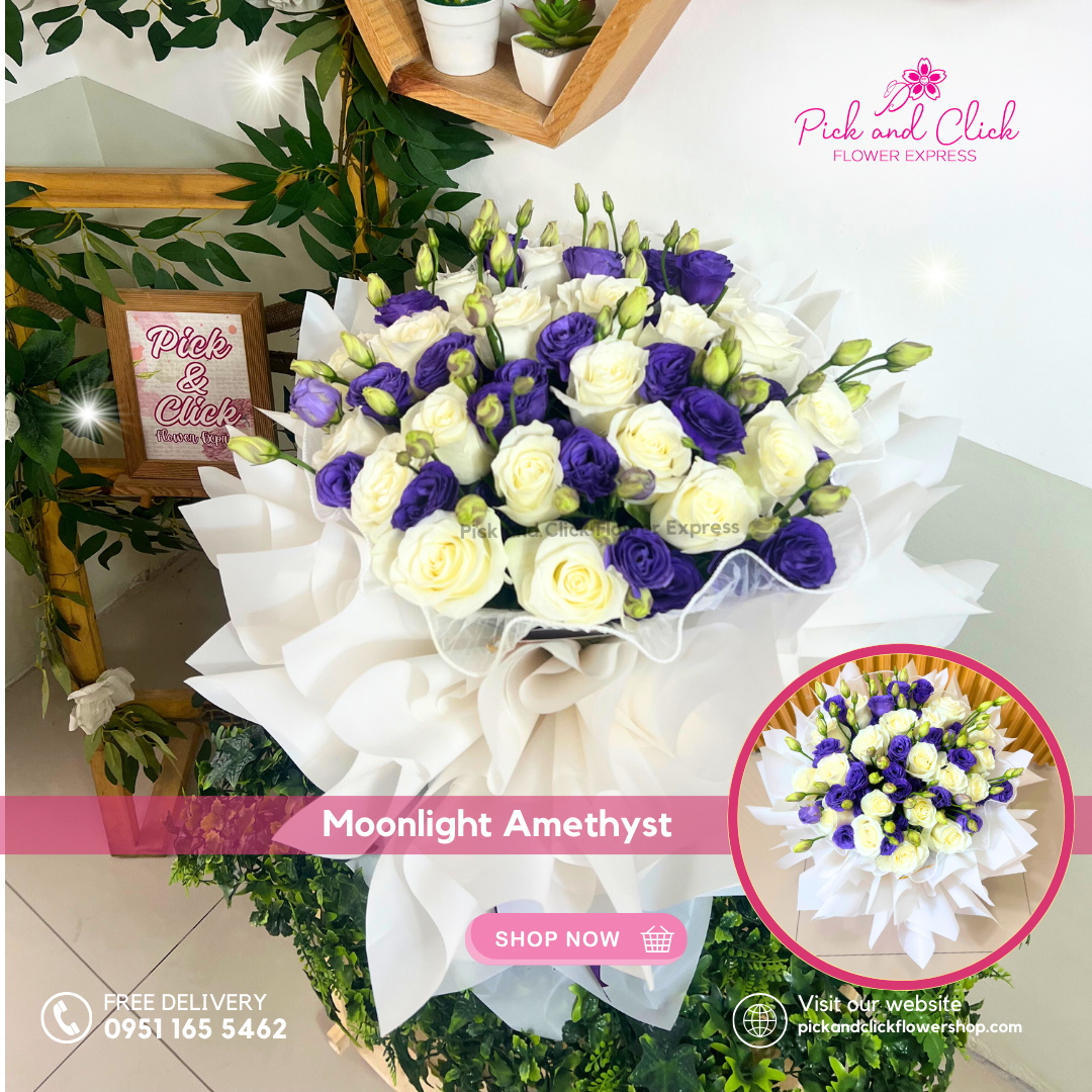 Moonlight Amethyst Bouquet featuring white roses paired with violet lisianthus, a soft and elegant floral arrangement with a graceful color contrast, perfect for romantic gifts, anniversaries, birthdays, and special occasions in the Philippines.
