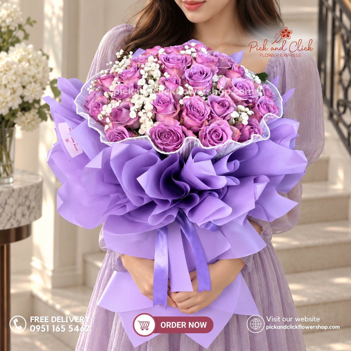 Moonlight Blues Bouquet featuring 35 Moody Blue roses accented with delicate gypsophila, arranged in a luxurious floral design with deep moody blue blooms and soft white accents, a bold and elegant bouquet perfect for birthdays, anniversaries, romantic gifts, grand celebrations, and special occasions in the Philippines.