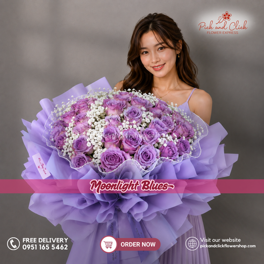 Moonlight Blues Bouquet featuring 35 Moody Blue roses accented with delicate gypsophila, arranged in a luxurious floral design with deep moody blue blooms and soft white accents, a bold and elegant bouquet perfect for birthdays, anniversaries, romantic gifts, grand celebrations, and special occasions in the Philippines.