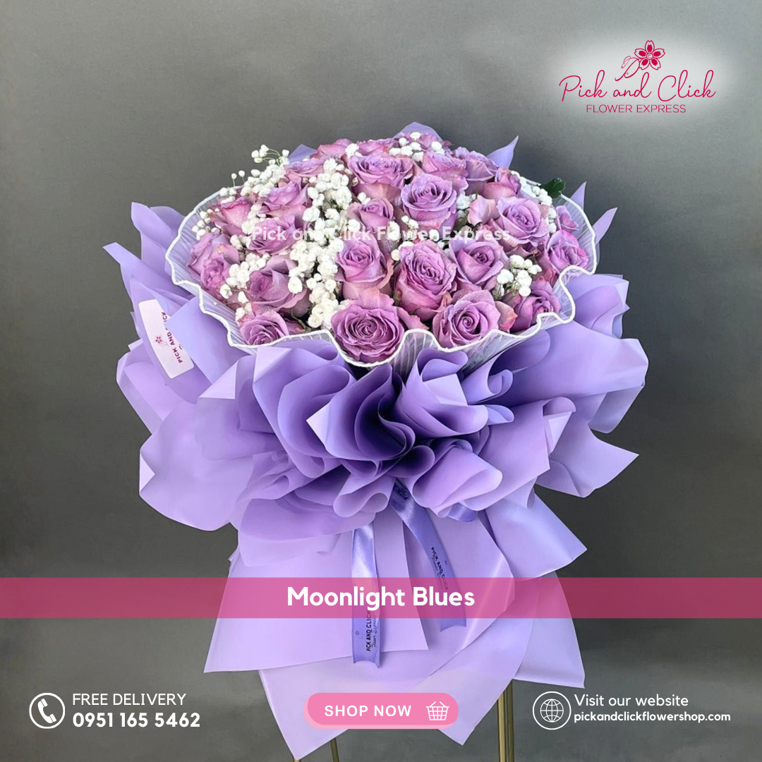 Moonlight Blues Bouquet featuring moody blue roses with delicate gypsophila, a luxurious and romantic floral arrangement perfect for anniversaries, proposals, and special occasions in the Philippines.