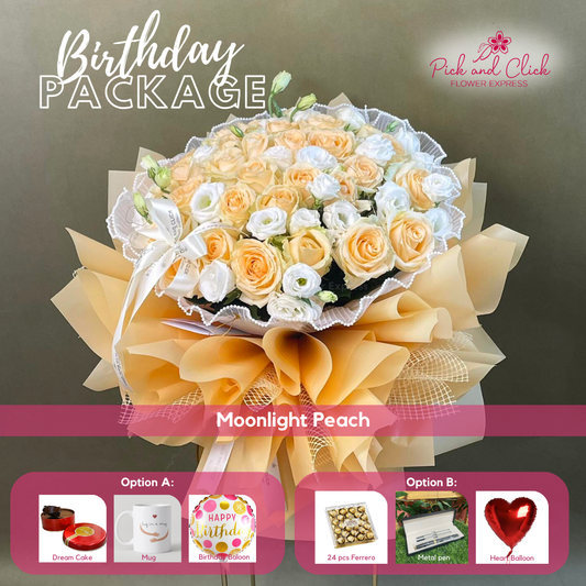 Moonlight Peach bouquet featuring 30 peach roses and white lisianthus arranged in a birthday gift package with optional add ons.