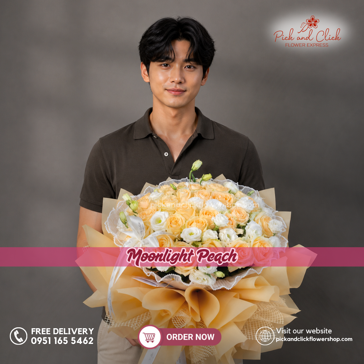 Moonlight Peach Bouquet featuring 20 imported peach roses and white lisianthus, beautifully wrapped in premium Korean-style wrapping with soft peach and cream tones, creating a luxurious and elegant floral arrangement perfect for birthdays, anniversaries, weddings, romantic gifts, and special occasions in the Philippines.
