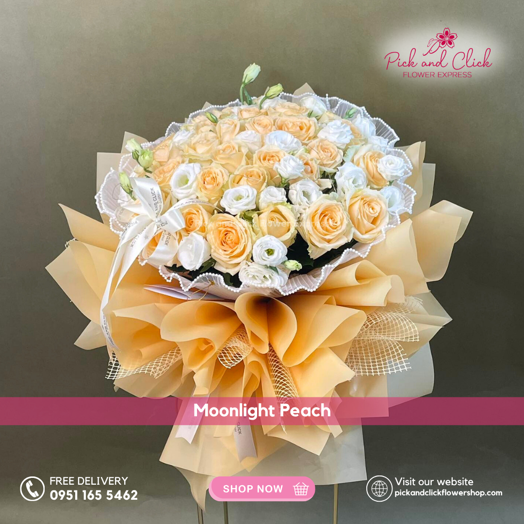 Moonlight Peach Bouquet featuring peach roses paired with elegant white lisianthus, a soft and romantic floral arrangement perfect for anniversaries, birthdays, and special occasions in the Philippines.