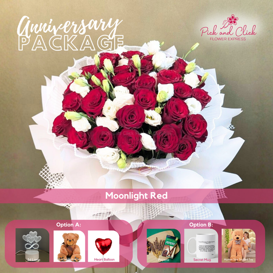 Moonlight Red bouquet featuring 30 imported red roses and white lisianthus arranged in an anniversary gift package with optional add ons.