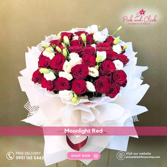 Moonlight Red Bouquet featuring imported red roses paired with elegant white lisianthus, a timeless and romantic floral arrangement perfect for anniversaries, proposals, and special occasions in the Philippines.