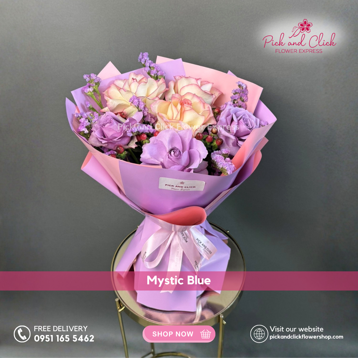 Mystic Blue Bouquet featuring moody blue roses, two tone pink roses, decorative berries, and pink statice, a unique and stylish floral arrangement perfect for birthdays, anniversaries, and special occasions in the Philippines.