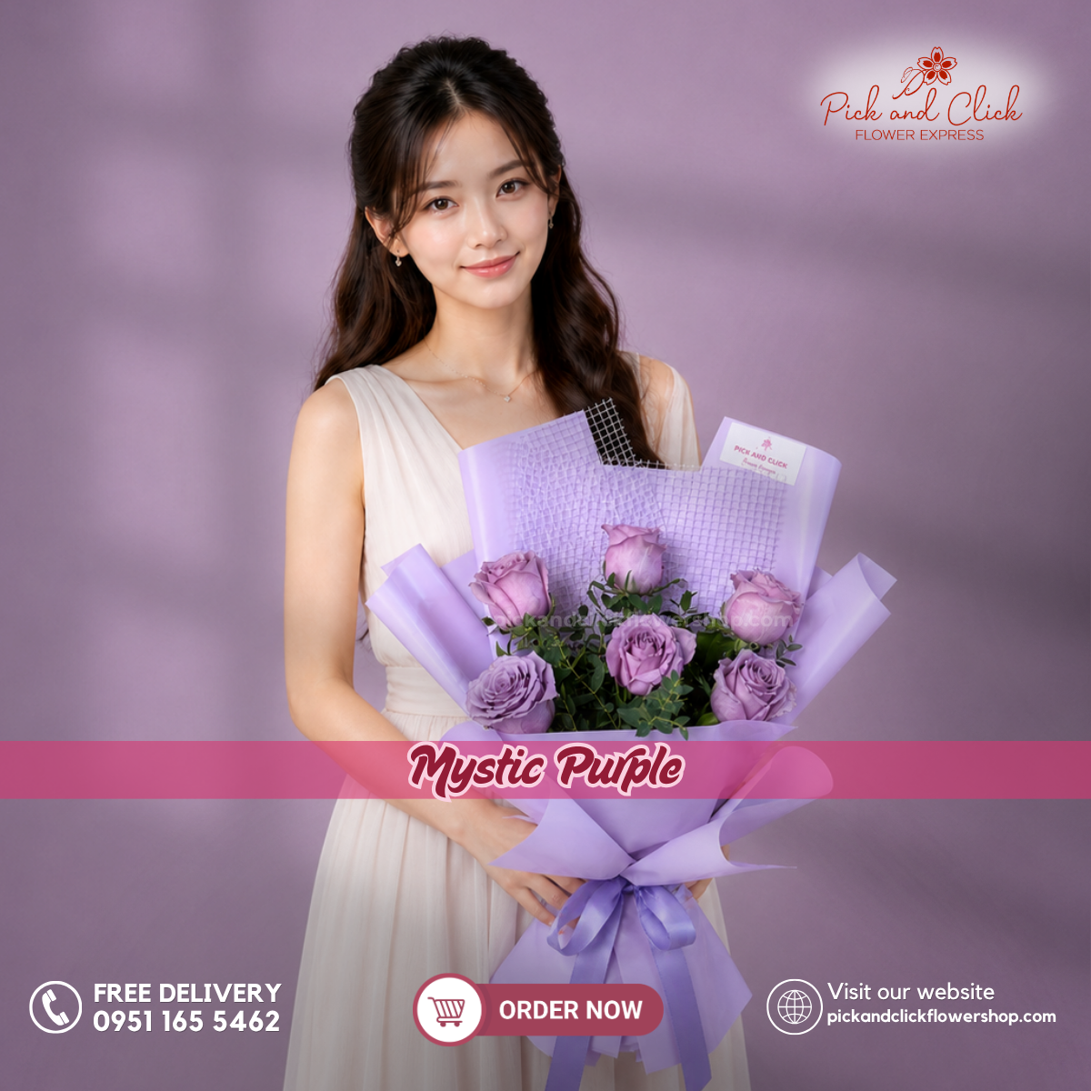 Mystic Purple Bouquet featuring 6 Moody Blue roses accented with fresh parvi leaves, arranged in an elegant floral design with deep blue purple blooms and fresh green accents, a bold and luxurious bouquet perfect for birthdays, anniversaries, romantic gifts, and special occasions in the Philippines.