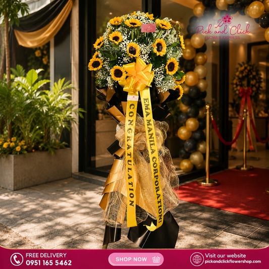 New Beginning Opening Stand featuring bright sunflowers accented with delicate gypsophila and rosal, a cheerful and uplifting floral arrangement designed to celebrate new beginnings, grand openings, and special occasions in the Philippines.