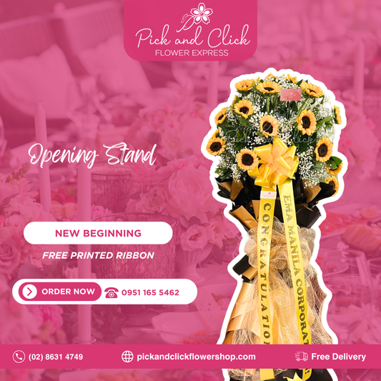 New Beginning Opening Stand featuring bright sunflowers accented with delicate gypsophila and rosal, a cheerful and uplifting floral arrangement designed to celebrate new beginnings, grand openings, and special occasions in the Philippines.