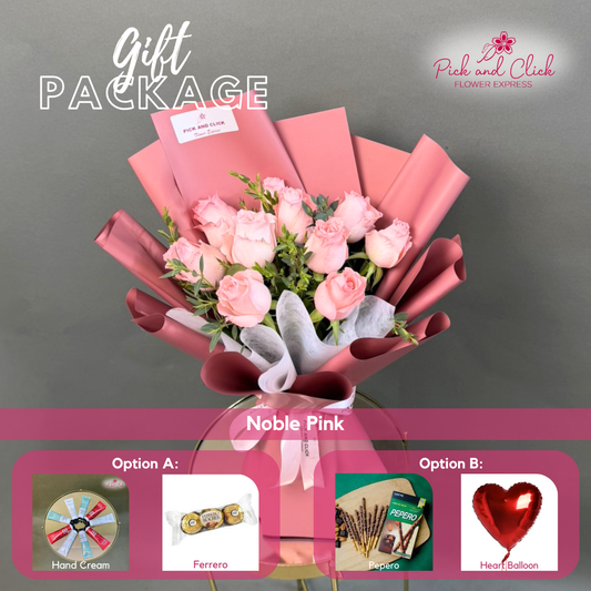 Noble Pink bouquet featuring 10 imported light pink roses with parvi leaves arranged in an elegant gift package with optional add ons.
