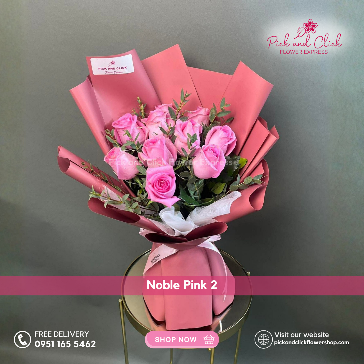 Noble Pink 2 Bouquet featuring 10 hot pink roses accented with fresh parvi leaves, arranged in an elegant floral design with vibrant hot pink blooms and fresh green accents, a bold and sophisticated bouquet perfect for birthdays, anniversaries, Mother's Day, romantic gifts, and special occasions in the Philippines.
