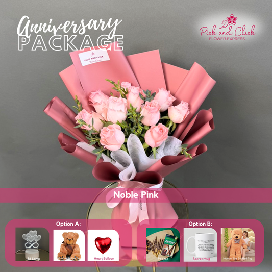 Noble Pink bouquet featuring 10 imported light pink roses and parvi leaves arranged in an anniversary gift package with optional add ons.