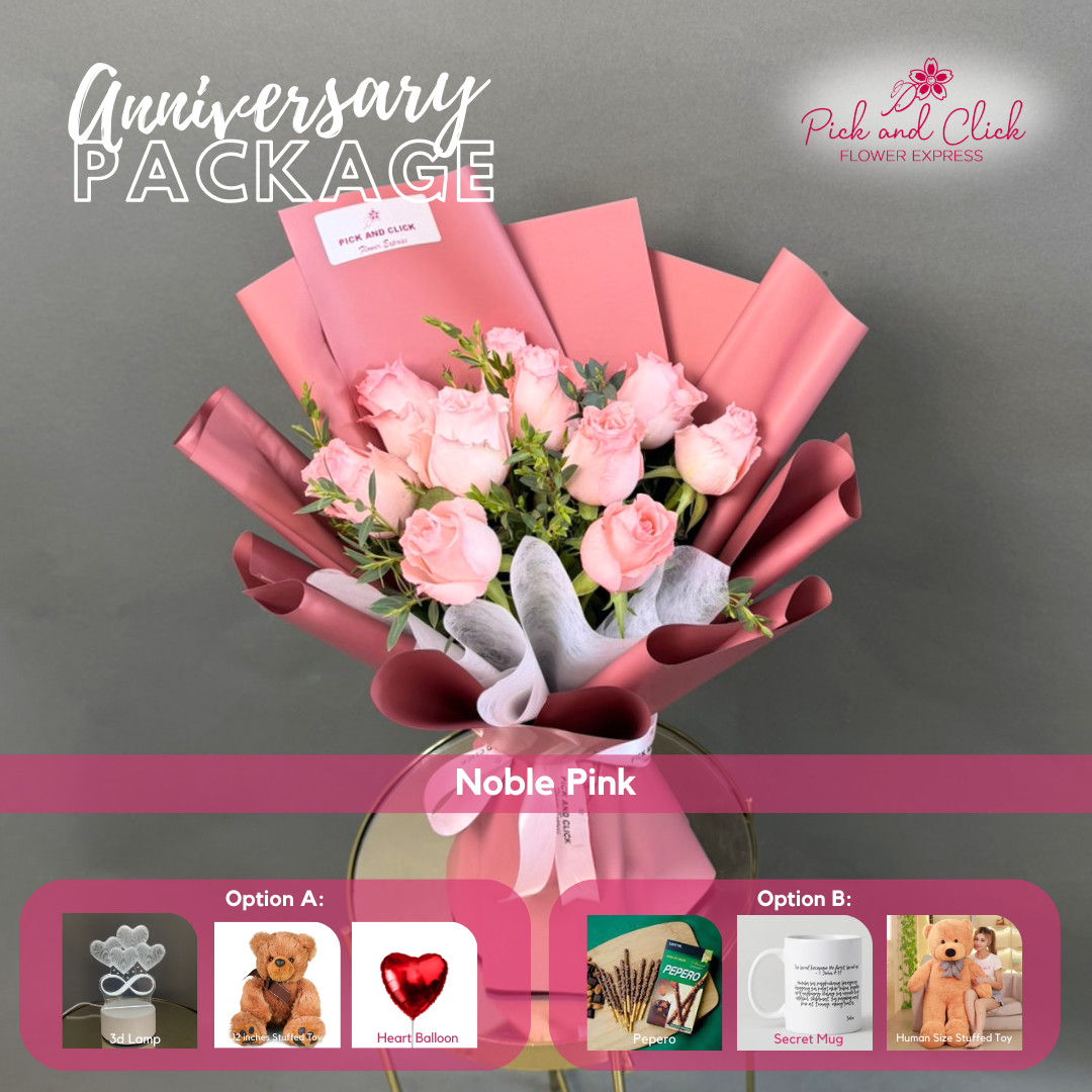 Noble Pink Bouquet featuring 10 imported light pink roses and fresh parvi leaves, arranged in an elegant anniversary gift package with optional add ons, a soft and romantic floral arrangement perfect for special celebrations in the Philippines.