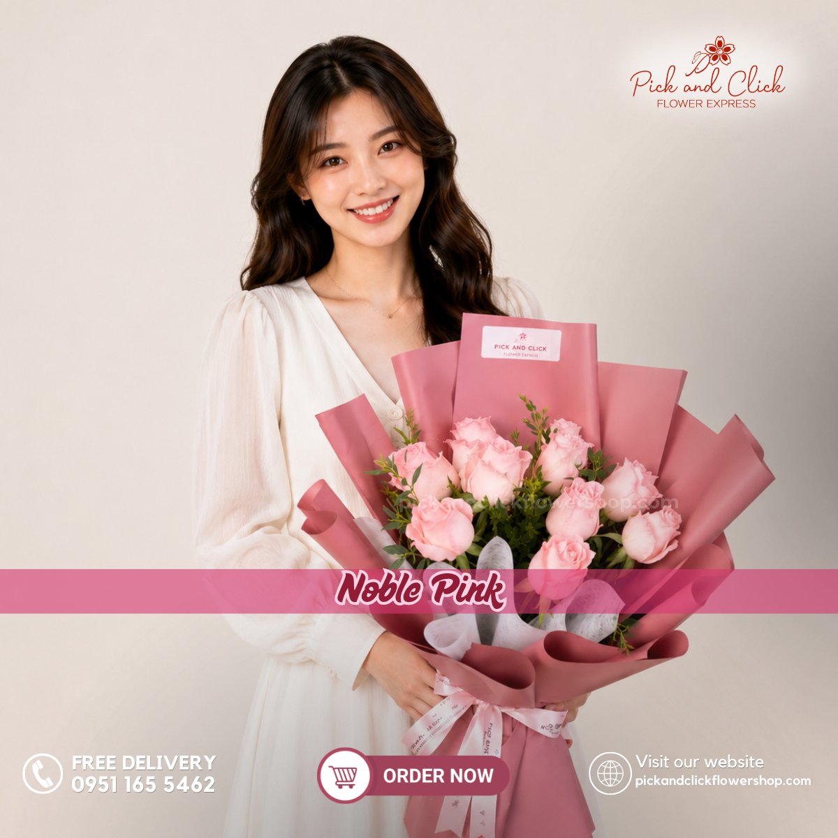 Noble Pink Bouquet featuring 10 imported light pink roses accented with fresh parvi leaves, arranged in an elegant floral design with soft light pink blooms and fresh green accents, a graceful and romantic bouquet perfect for birthdays, anniversaries, Mother's Day, weddings, and special occasions in the Philippines.