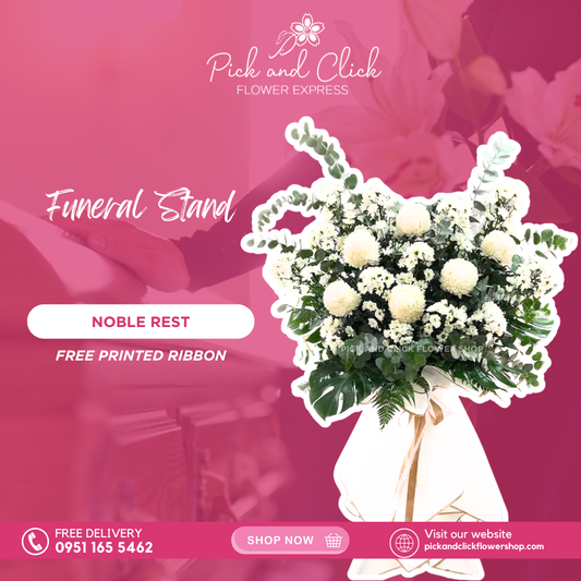 Noble Rest funeral stand featuring radus blooms, fresh eucalyptus, bakya leaves, and pako leaves in a dignified condolence arrangement.