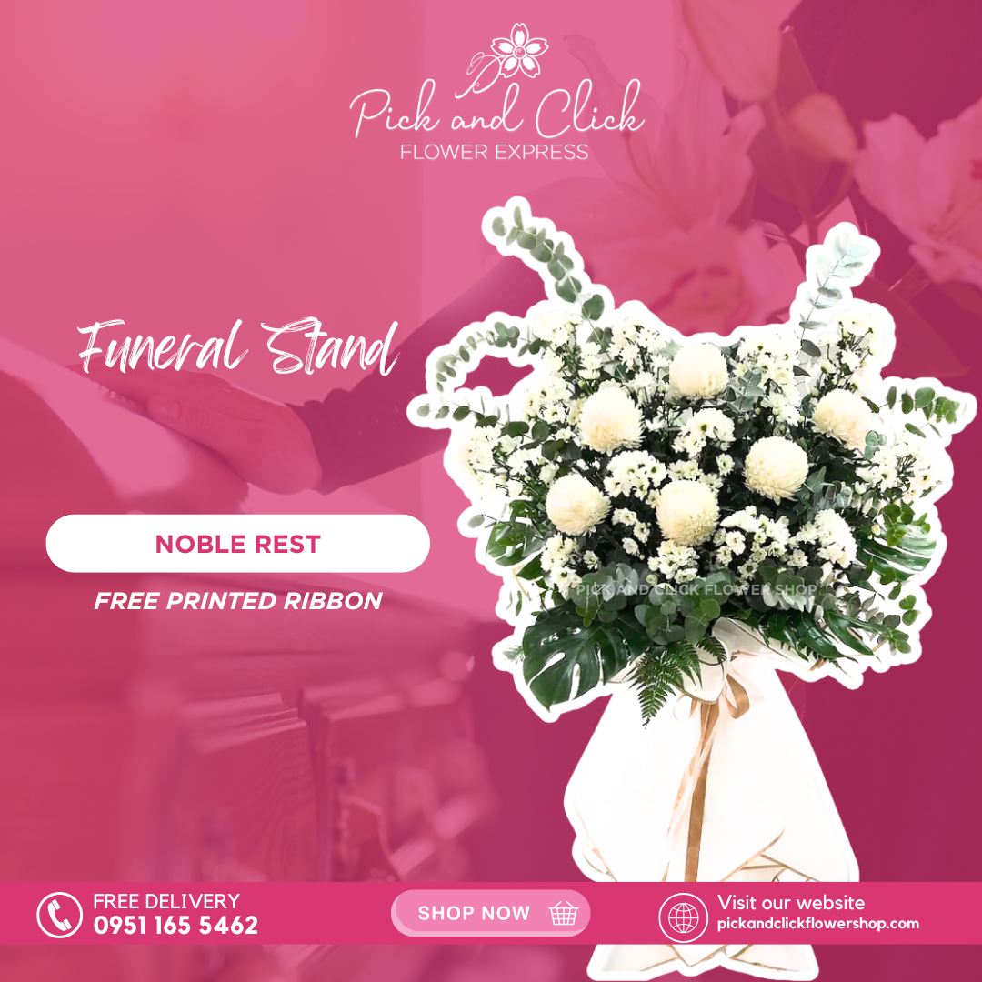 Noble Rest Funeral Stand featuring radus blooms, fresh eucalyptus, bakya leaves, and pako leaves, a serene and dignified sympathy floral arrangement designed as a respectful tribute for funerals and memorial services in the Philippines.