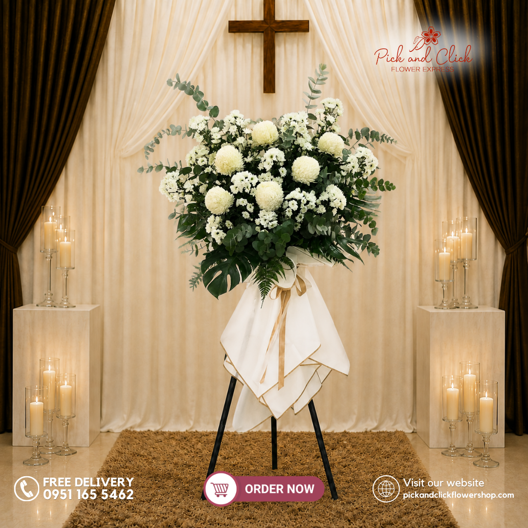 Noble Rest Funeral Stand featuring Sunlight Chrysanthemums, White Daisy Mums, Davallia, Tibatib, and Eucalyptus in a warm and elegant funeral tribute in the Philippines.