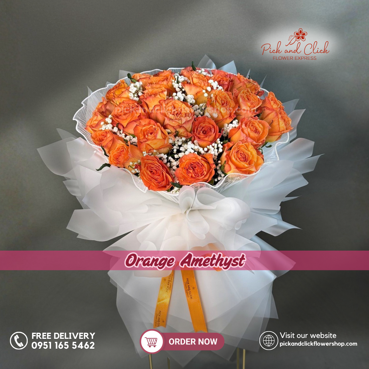 Orange Amethyst Bouquet featuring 30 vibrant orange roses accented with delicate gypsophila, arranged in a luxurious floral design, a bold and elegant bouquet perfect for birthdays, congratulations, anniversaries, and special occasions in the Philippines.