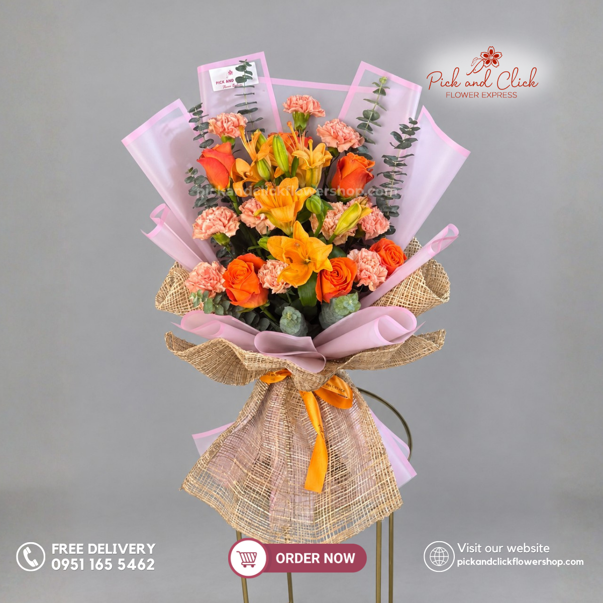 Orange Burst Bouquet featuring 6 Orange Roses, 2 Stems Orange Lilies, 10 Orange Carnations, and Eucalyptus in a vibrant orange floral arrangement in the Philippines.