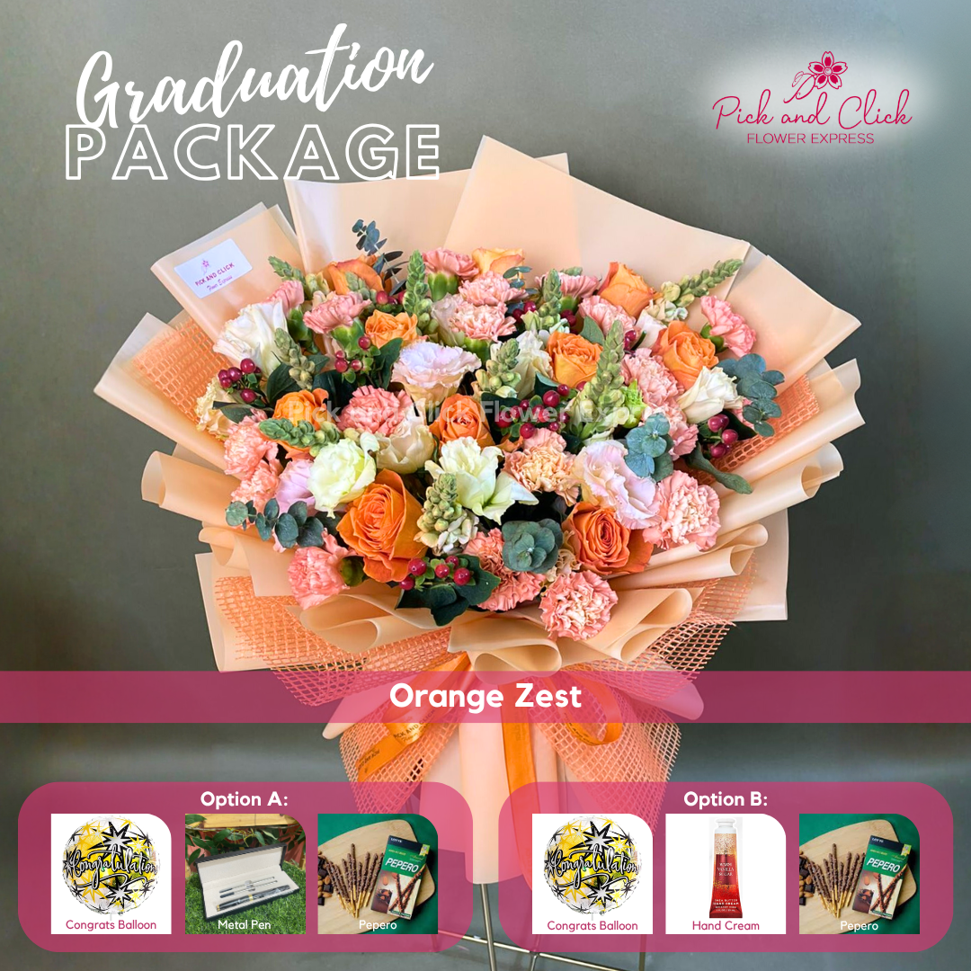 Orange Zest Grad Pack featuring orange roses, light pink carnations, peach lisianthus, decorative berries, snapdragons, and fresh eucalyptus, arranged with graduation gift add ons, a vibrant and elegant floral arrangement perfect for graduation ceremonies, achievements, and memorable celebrations in the Philippines.