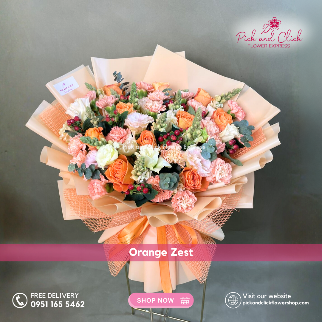 Orange Zest Bouquet featuring orange roses, carnations, and peach lisianthus arranged in a bright and elegant floral design, a cheerful bouquet perfect for birthdays, celebrations, and special occasions in the Philippines.