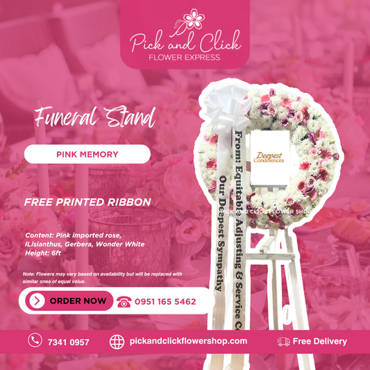 Round funeral stand with pink imported roses, lisianthus, gerbera, and wonder white flowers