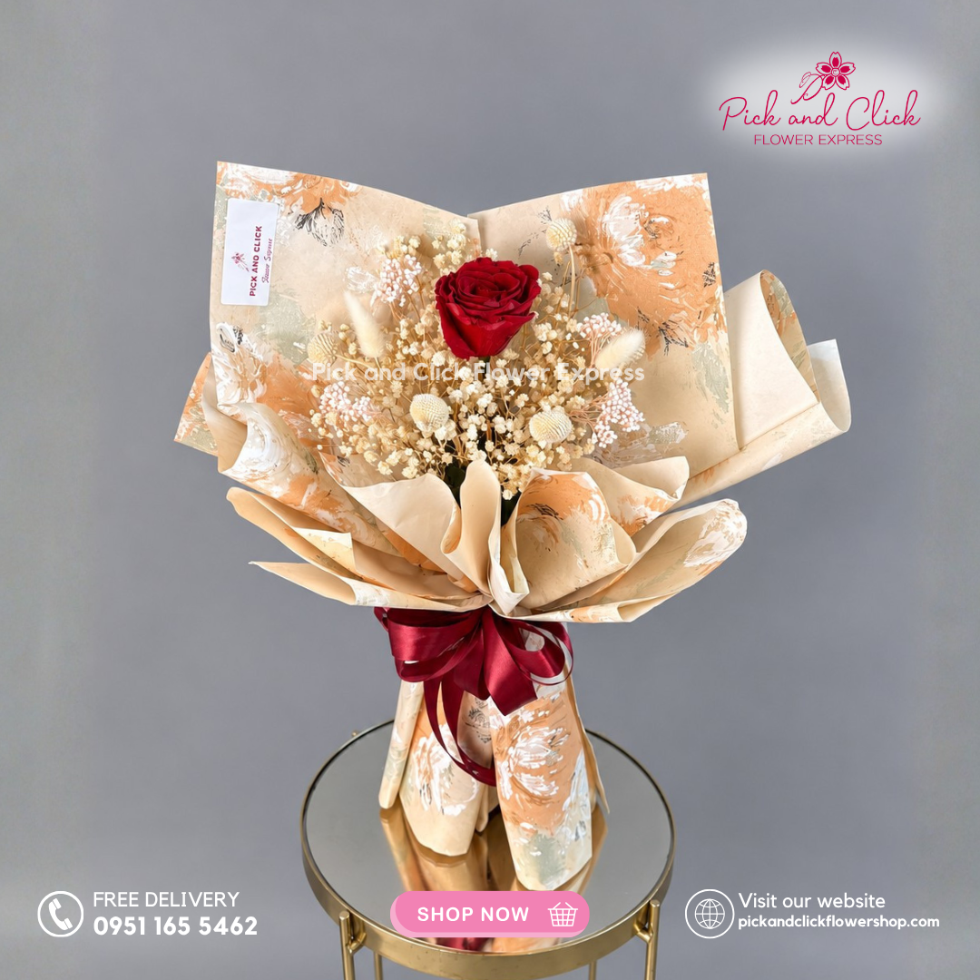 Painted Promise Dried Bouquet featuring a Preserved Rose accented with Dried Gypso, Rice Flower, Craspedia, and Bunny Tail in an artistic dried flower arrangement in the Philippines.