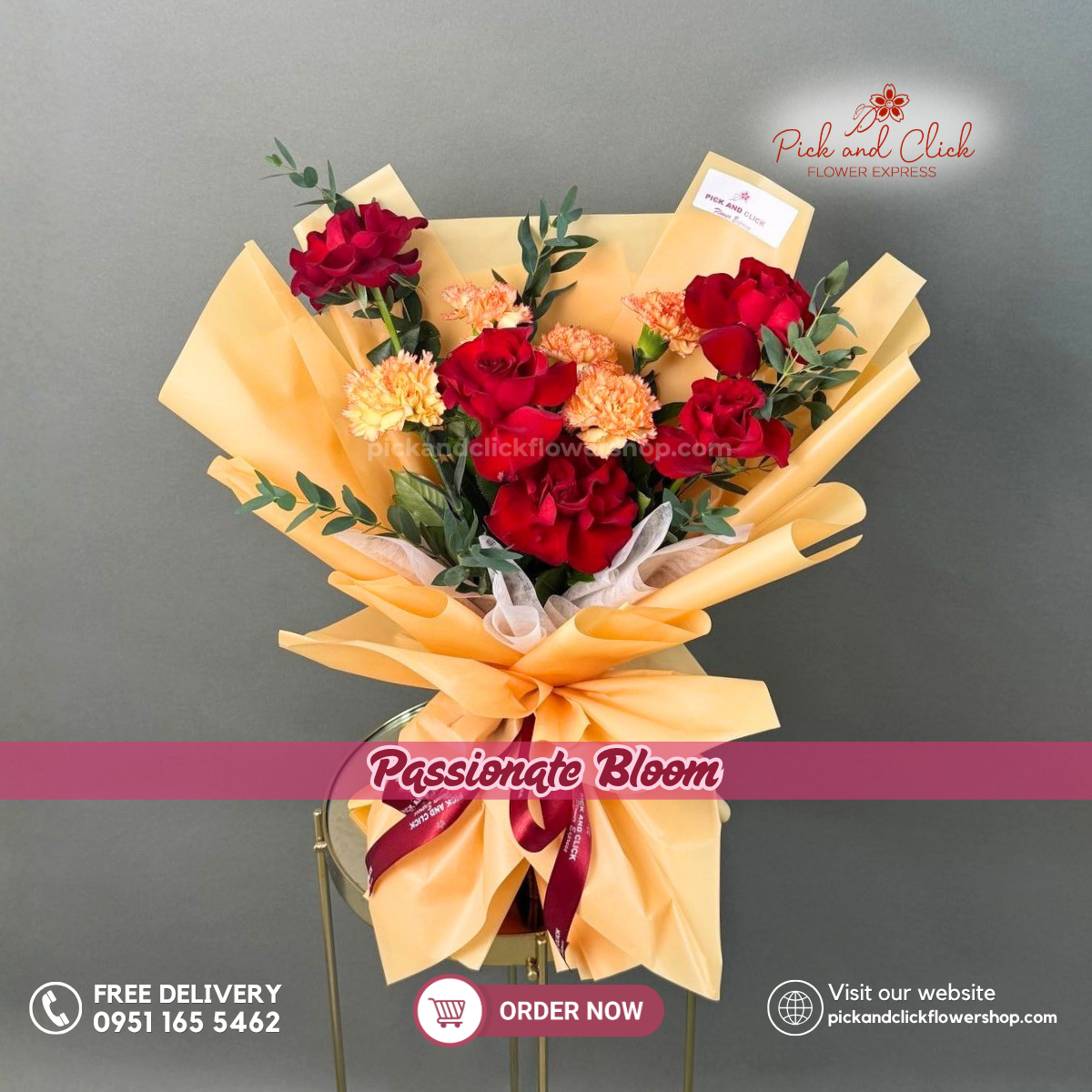 Passionate Bloom Bouquet featuring 5 Imported Red Roses, 5 Two-Tone Orange & Yellow Carnations, and Parvi Leaves in a vibrant romantic flower arrangement in the Philippines.