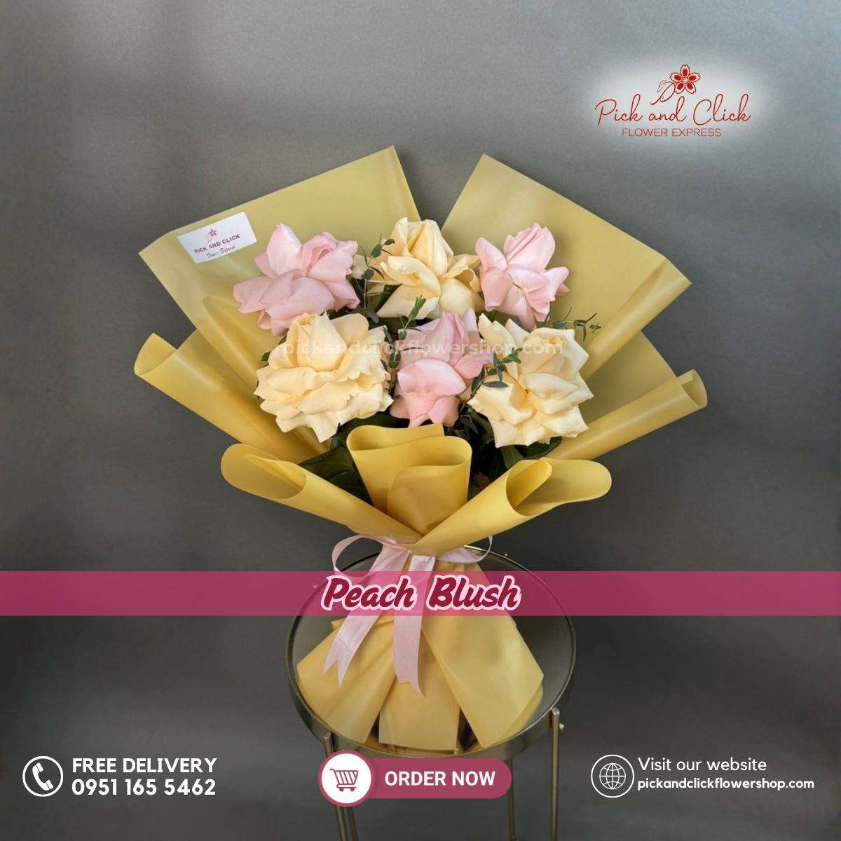 Peach Blush Bouquet featuring imported light pink roses, peach roses, and fresh parvi leaves, a soft and elegant floral arrangement perfect for romantic gifts, birthdays, and special occasions in the Philippines.