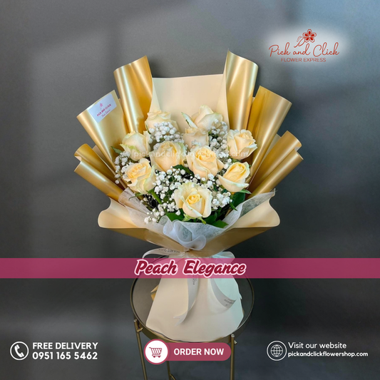 Peach Elegance Bouquet featuring 10 peach roses accented with delicate gypsophila, arranged in an elegant floral design, a warm and sophisticated bouquet perfect for birthdays, anniversaries, celebrations, and special occasions in the Philippines.