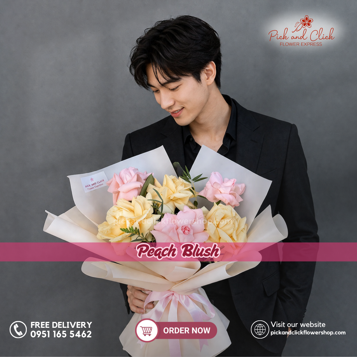 Peach Blush Bouquet featuring imported light pink roses, peach roses, and fresh parvi leaves, arranged in an elegant floral design with soft pink, peach, and fresh green accents, a graceful and romantic bouquet perfect for birthdays, anniversaries, weddings, Mother's Day, and special occasions in the Philippines.