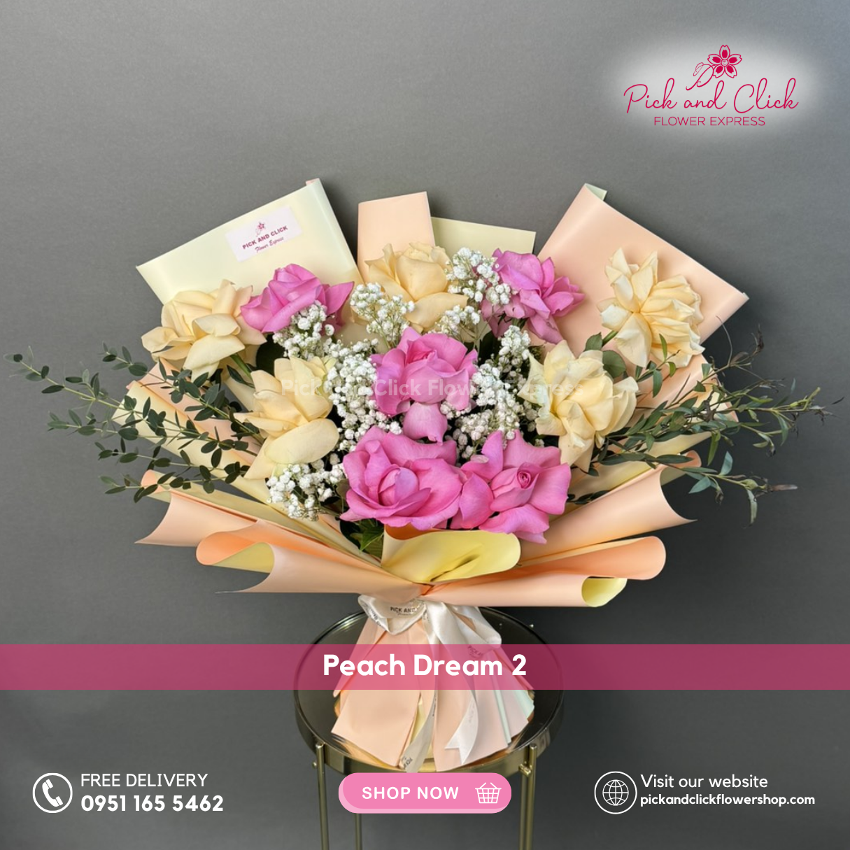 Peach Dream 2 Bouquet featuring hot pink roses, peach roses, delicate gypsophila, and fresh parvi leaves arranged in a vibrant floral design, a cheerful and elegant bouquet perfect for birthdays, anniversaries, celebrations, and special occasions in the Philippines.