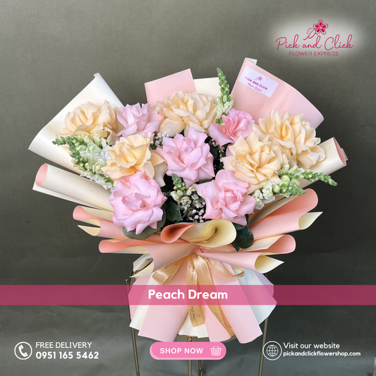 Peach Dream Bouquet featuring light pink roses, peach roses, and snapdragons, a soft and dreamy floral arrangement perfect for romantic gifts, birthdays, anniversaries, and special occasions in the Philippines.
