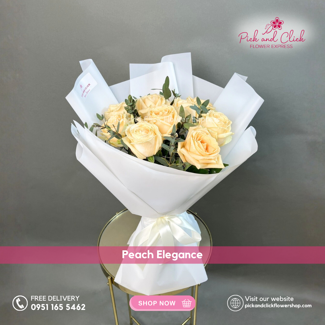Peach Elegance bouquet featuring 10 peach roses and parvi leaves in an elegant floral arrangement.