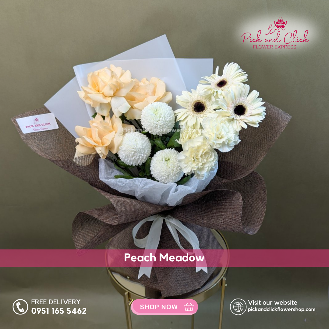 Peach Meadow Bouquet featuring imported peach roses, pompons, white gerbera, and white carnations, a soft and elegant floral arrangement perfect for birthdays, celebrations, and special occasions in the Philippines.