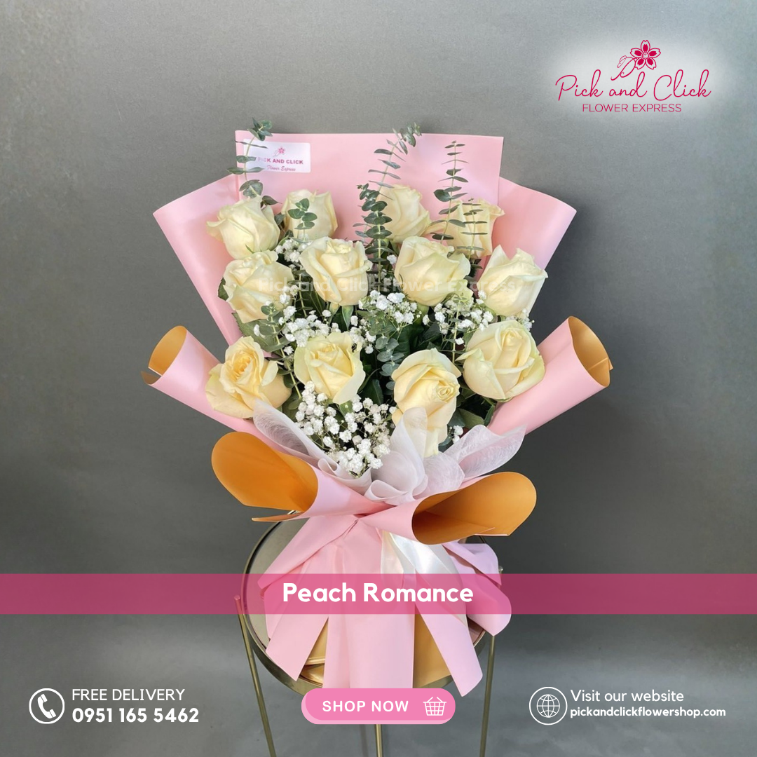 Peach Romance Bouquet featuring imported peach roses accented with delicate gypsophila and fresh eucalyptus, arranged in a soft and elegant floral design, a romantic bouquet perfect for birthdays, anniversaries, weddings, and special occasions in the Philippines.