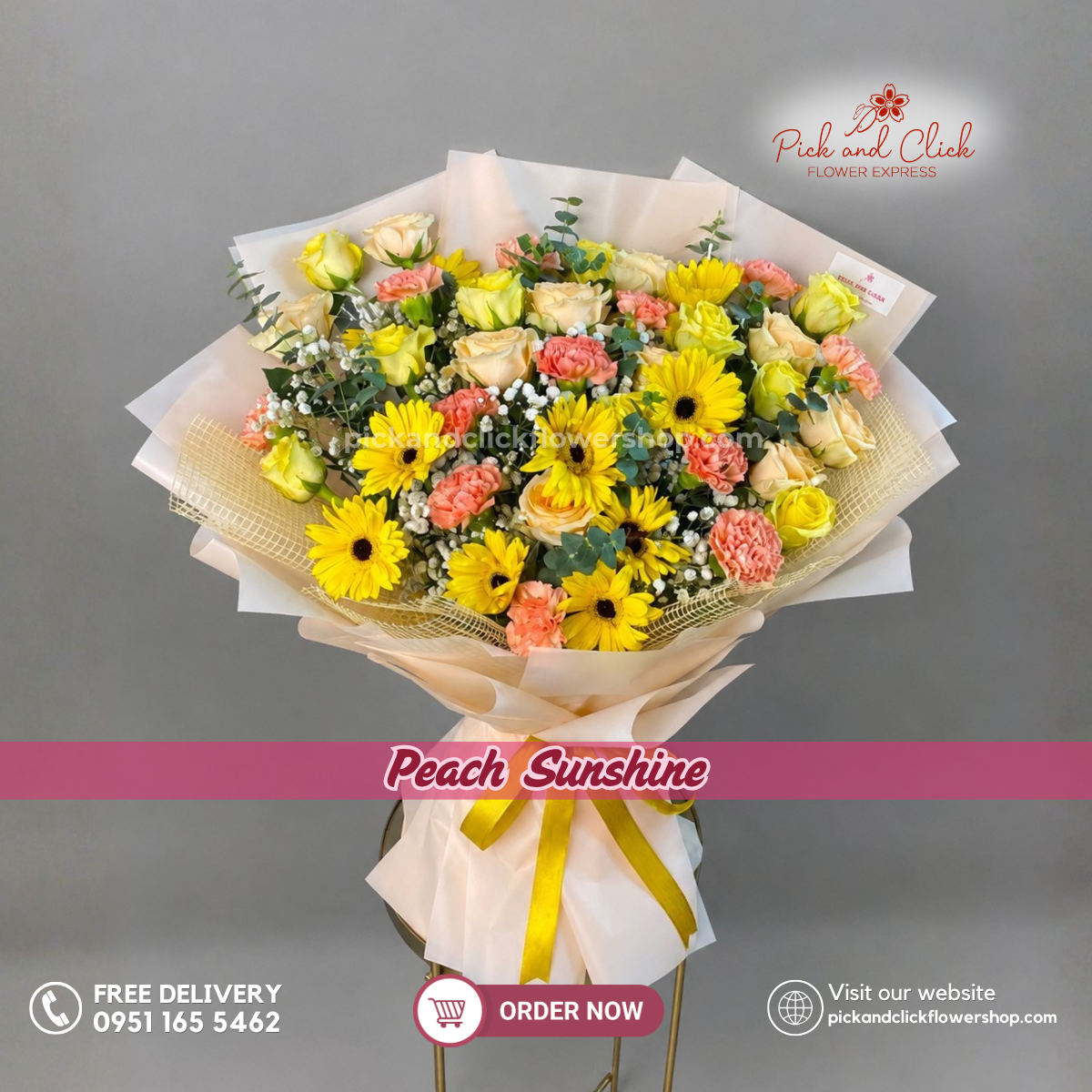 Peach Sunshine Bouquet featuring 10 Yellow Roses, 10 Peach Roses, 10 Yellow Gerberas, 10 Orange Carnations, Gypsophila, and Eucalyptus in a vibrant multicolor flower arrangement in the Philippines.