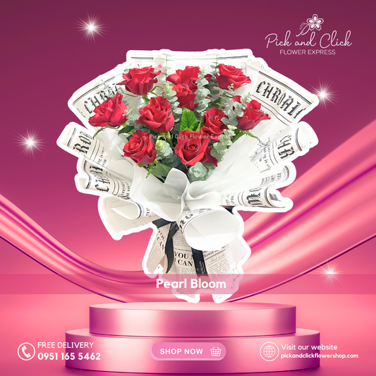 Bouquet with imported red China rose, eucalyptus, and rosal in elegant white printed wrap