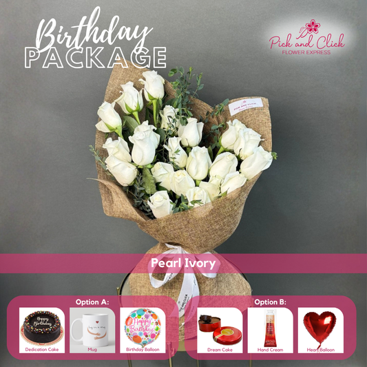 Pearl Ivory Birthday Package featuring 20 white roses with parvi leaves and your choice of birthday gift add-ons.