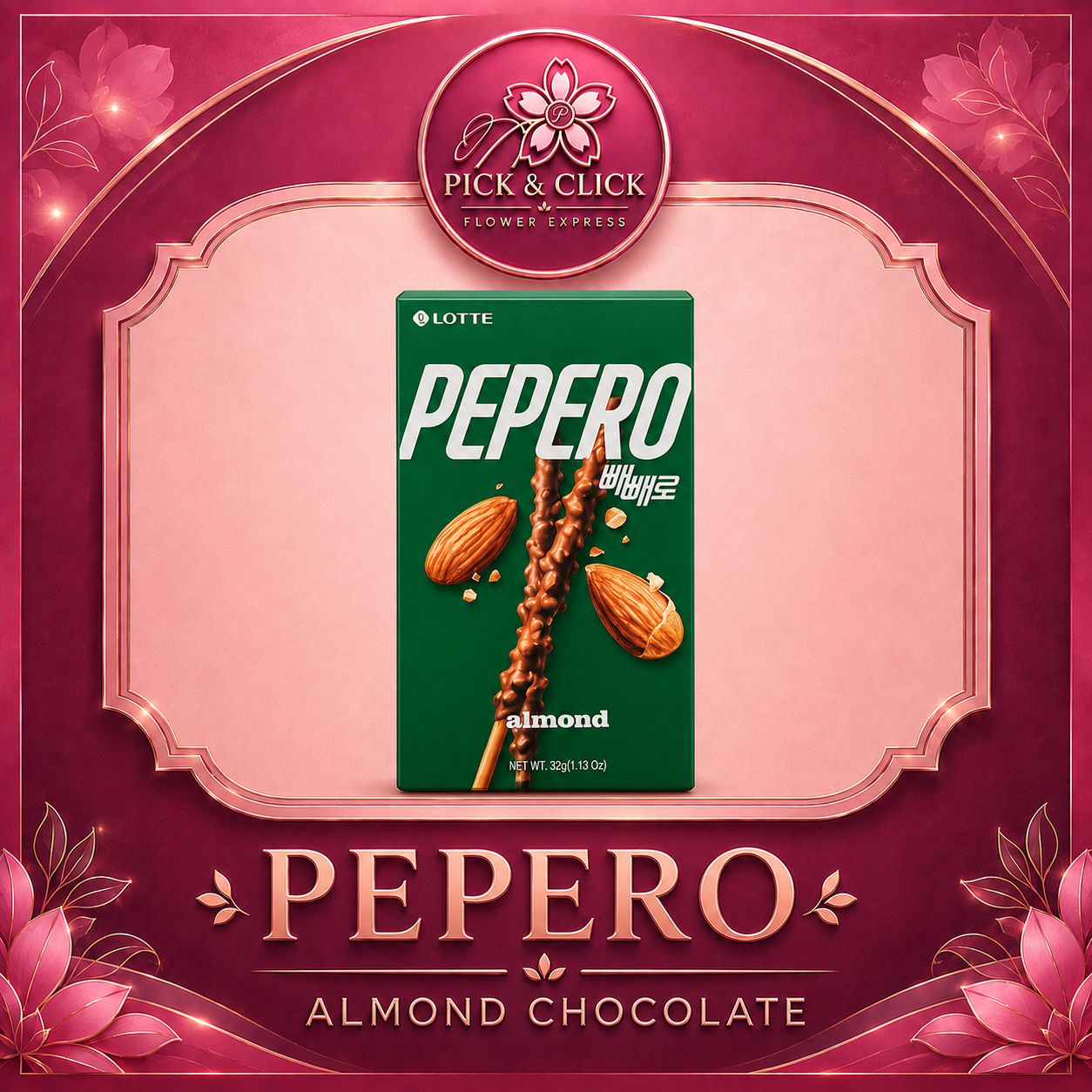 Pepero Almond chocolate snack add-on gift from Pick and Click Flower Express, perfect with flower bouquets, birthday gifts, anniversaries, romantic surprises, and flower delivery in Metro Manila, Philippines.
