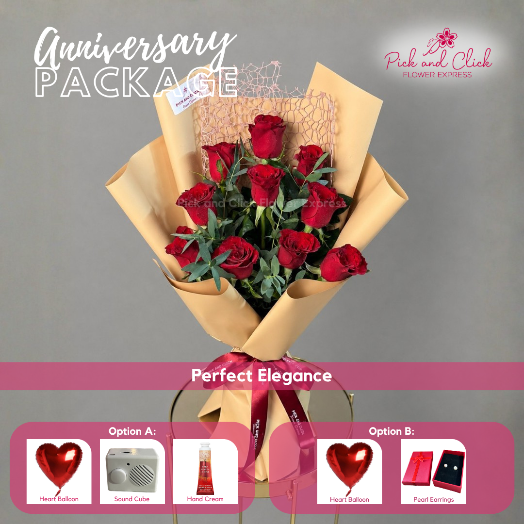 Perfect Elegance Anniversary Package featuring 10 Imported Red Roses, Parvi Leaves, and a choice of thoughtful anniversary gift add-ons in the Philippines.