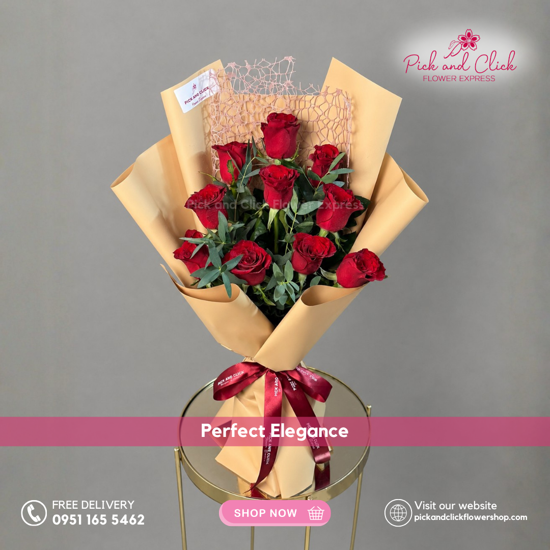 Perfect Elegance Bouquet featuring 10 Imported Red Roses with Parvi Leaves in an elegant red rose bouquet arrangement in the Philippines.