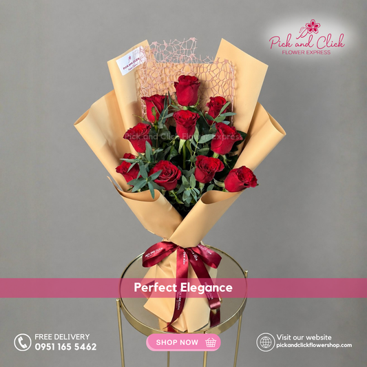 Perfect Elegance Bouquet featuring 10 Imported Red Roses with Parvi Leaves in an elegant red rose bouquet arrangement in the Philippines.
