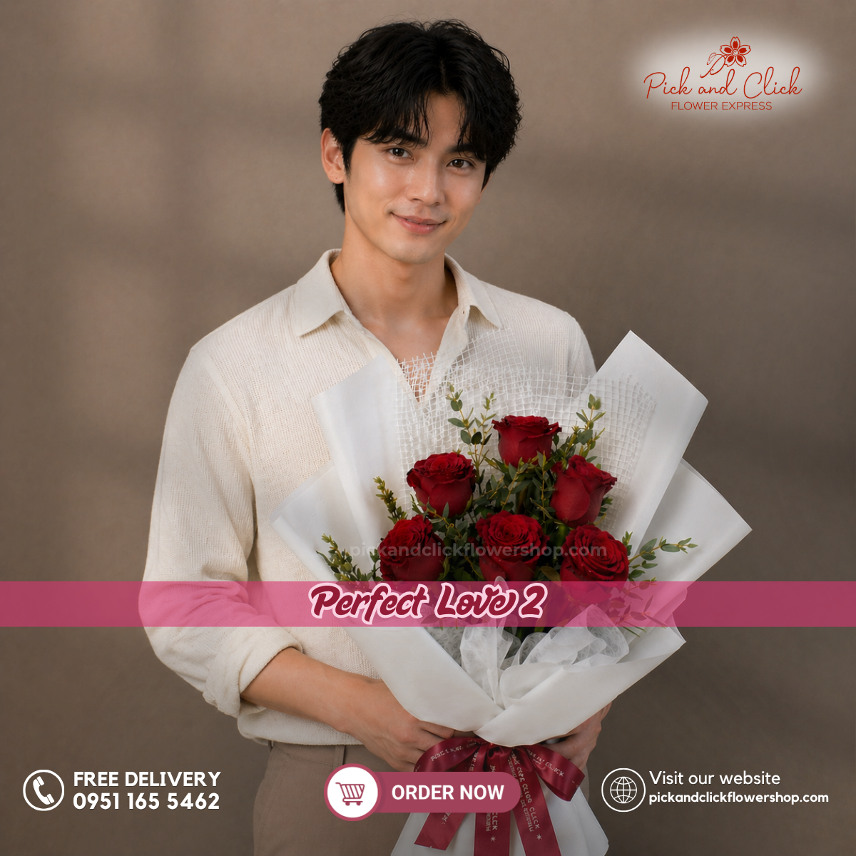 Perfect Love 2 Bouquet featuring 6 imported red roses accented with fresh parvi leaves, arranged in an elegant floral design with classic red blooms and fresh green accents, a timeless and romantic bouquet perfect for anniversaries, proposals, Valentine's Day, birthdays, and special occasions in the Philippines.